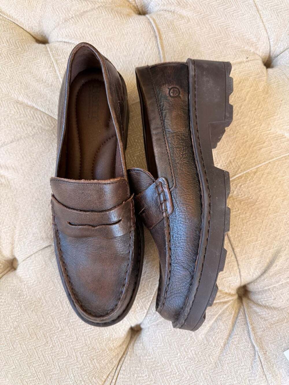Born women’s Carrera Penny Loafer platform heel Brown Leather